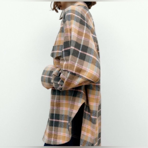 Zara Oversized Plaid Shacket Overshirt Flannel Jacket Tan Pink Navy - Picture 3 of 8